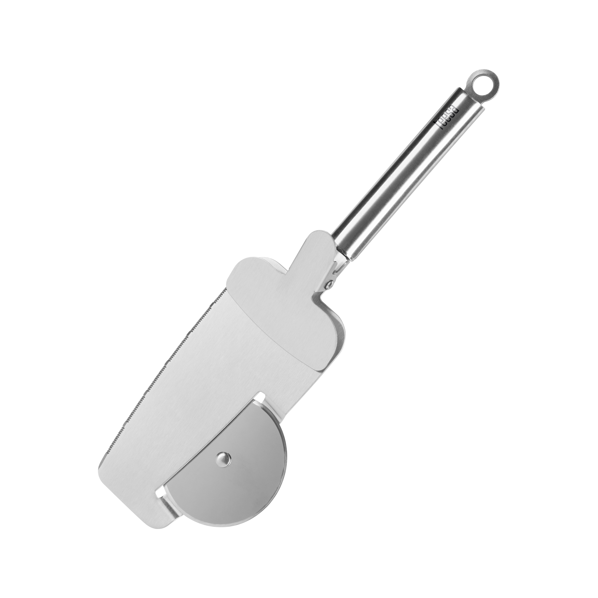 Nóż do pizzy z tarczą tnącą, zębami tnącymi brzegi oraz łopatką z zaciskiem