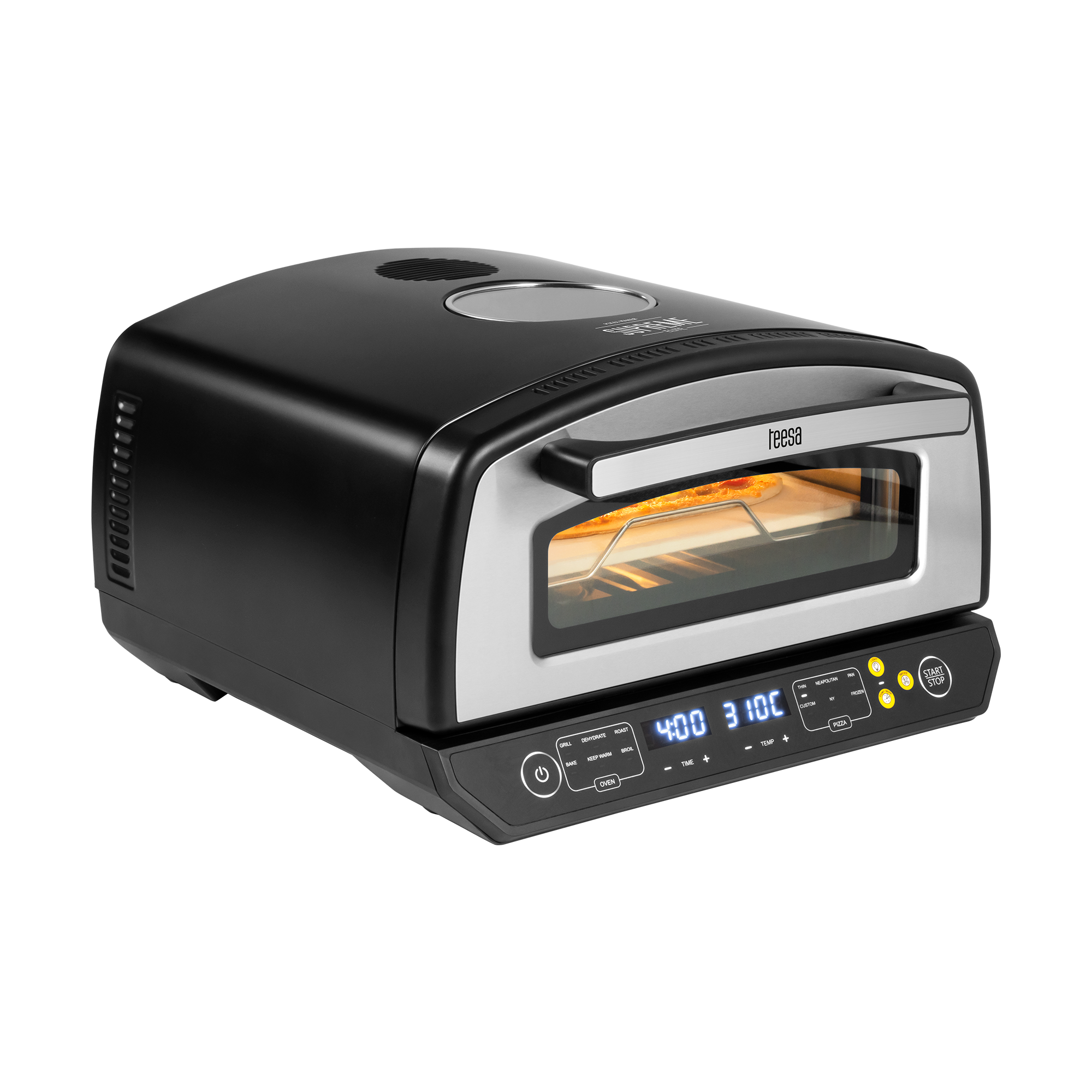 Piec do pizzy SUPREME ELITE 2200 W, 450 stopni, dwie grzałki, okno, LED, 33 cm, różne programy pieczenia