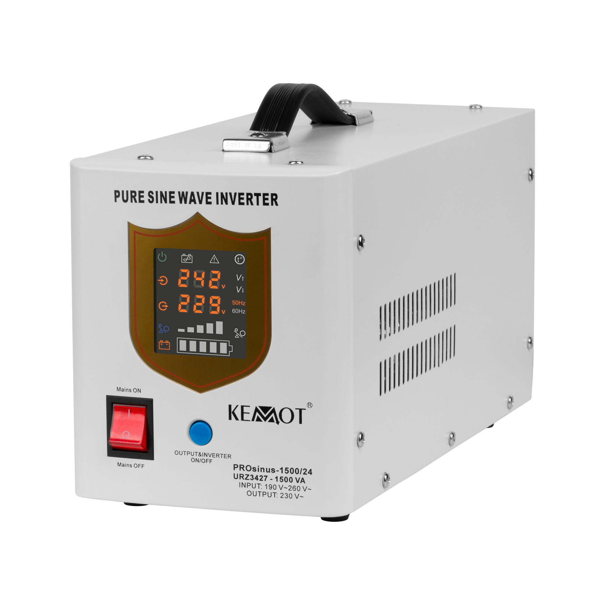 Zasilacz awaryjny KEMOT PROsinus-1500/24 przetwornica z czystym przebiegiem sinusoidalnym i funkcją ładowania 24V 230V 1500VA/1050W