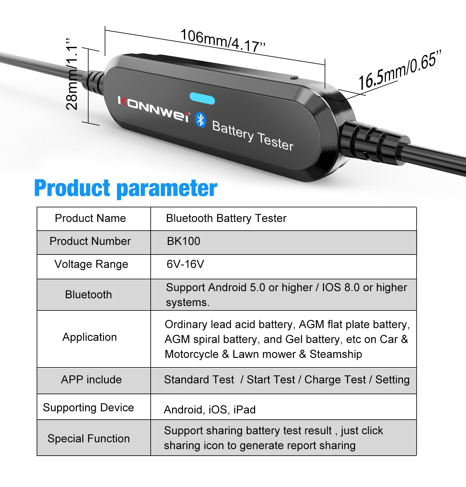 Tester baterii z funkcją Bluetooth Konnwei BK100