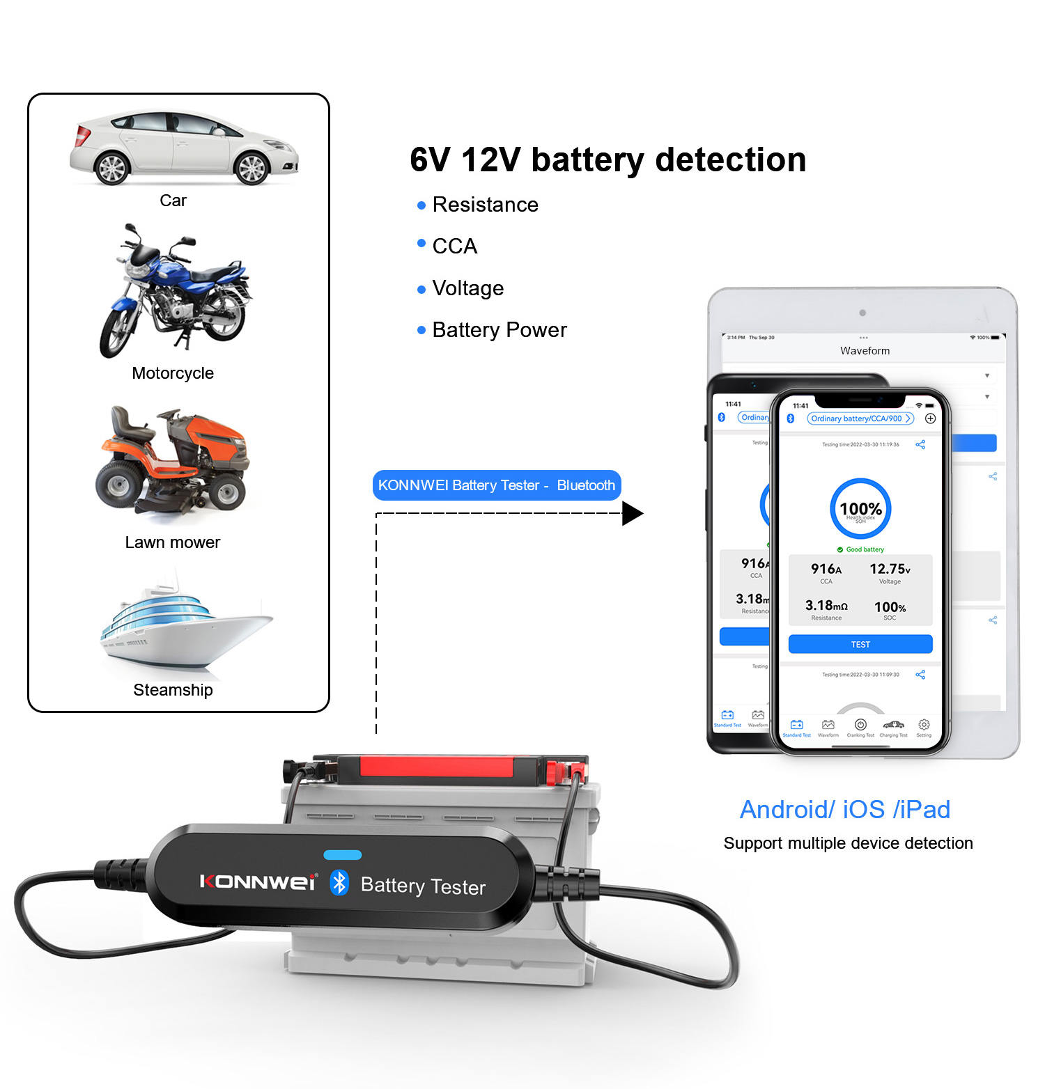 Tester baterii z funkcją Bluetooth Konnwei BK100