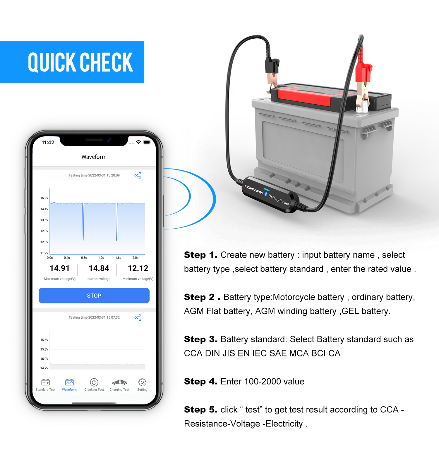 Konnwei BK100 Bluetooth akumulatora testeris