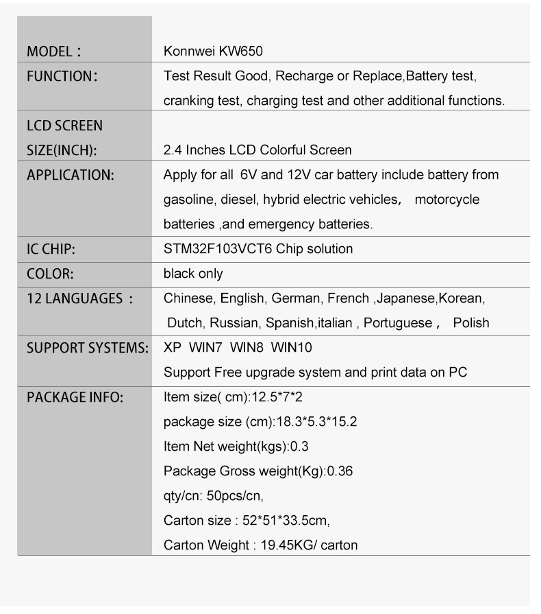 Konnwei KW650 battery tester