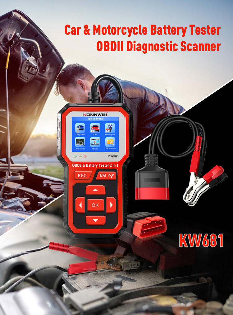 Diagnostický měřič, skener OBD2, tester baterií Konnwei KW681