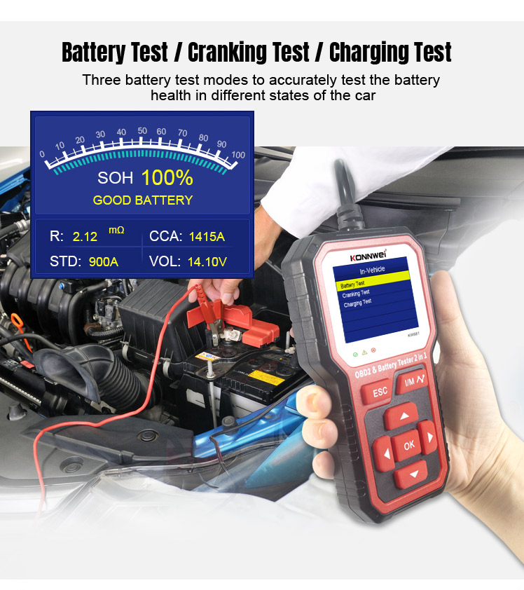 Miernik diagnostyczny, skaner OBD2, tester baterii Konnwei KW681