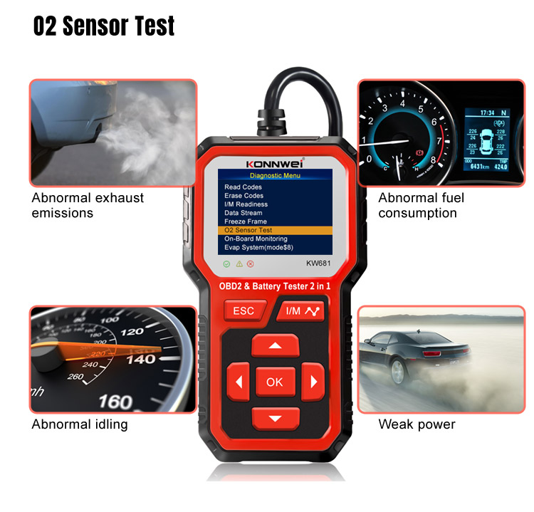 Diagnostický měřič, skener OBD2, tester baterií Konnwei KW681