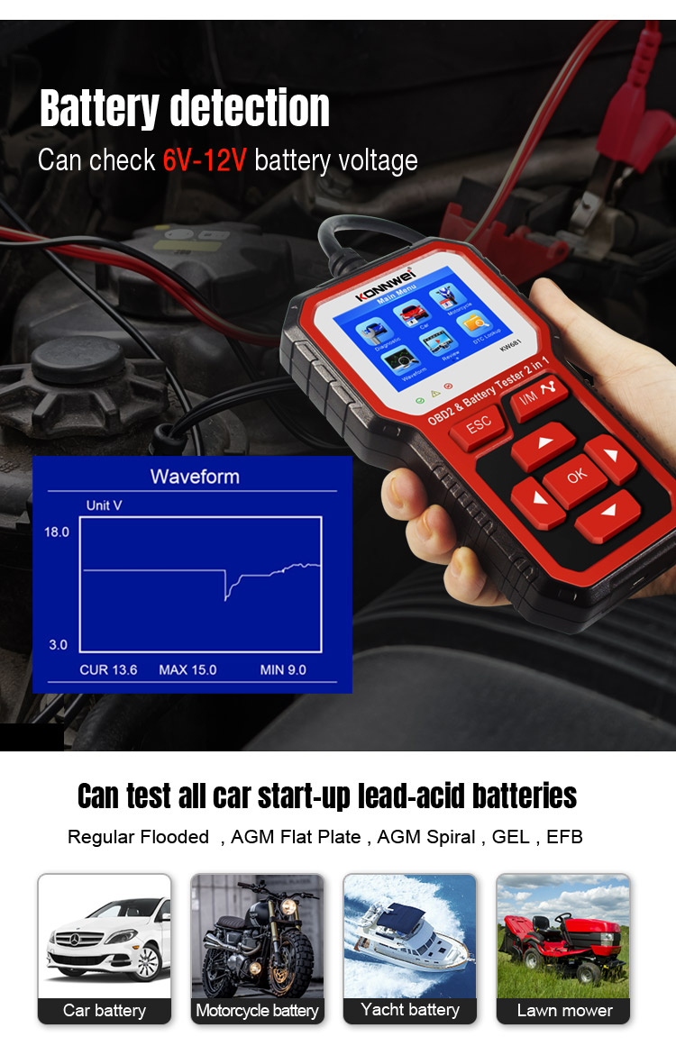 Diagnostický merač, skener OBD2, tester batérií Konnwei KW681