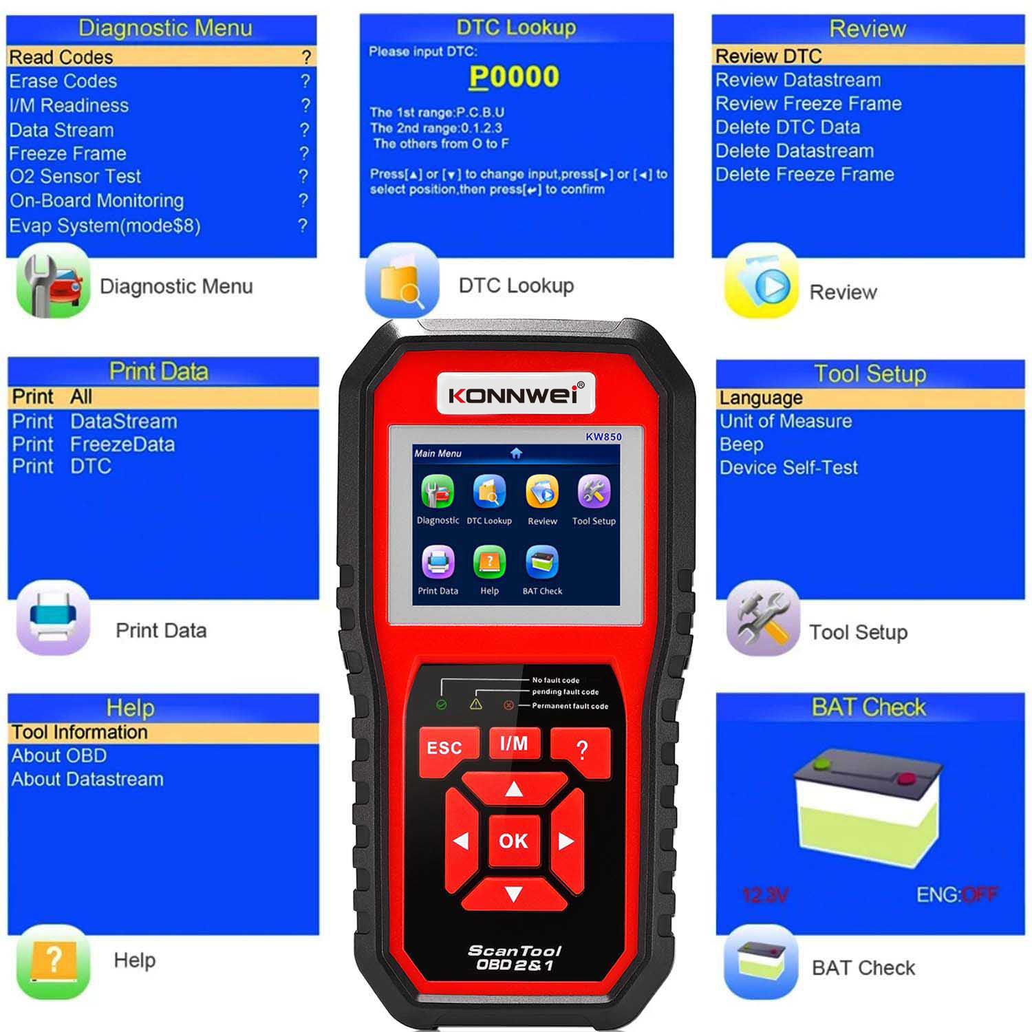 Diagnostický merač, Konnwei KW850 OBD2 Scanner