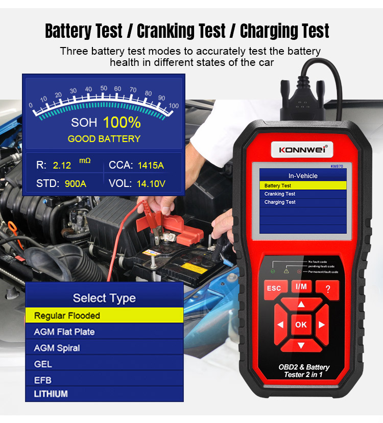 Analyzátor motora a tester batérií Konnwei KW870