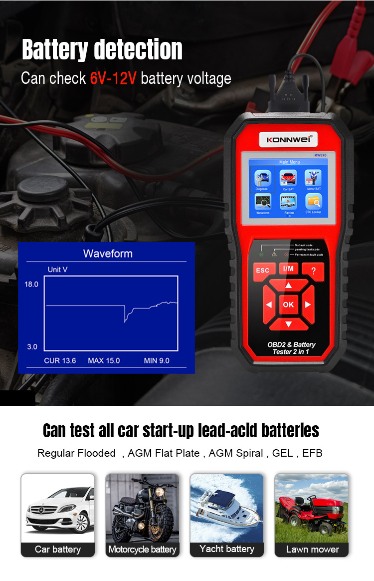 Analyzátor motora a tester batérií Konnwei KW870