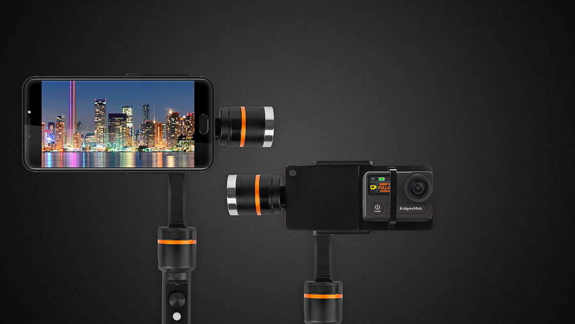 Budowa gimbala Kruger&Matz Horizon sprawia, że będziesz mógł z niego korzystać zarówno, gdy kręcisz filmy kamerą sportową, jak i wtedy, gdy robisz zdjęcia swoim smartfonem. Jeśli chcesz uwieczniać ważne dla siebie momenty w wyjątkowy sposób, gimbal Horizon jest stworzony właśnie dla Ciebie.