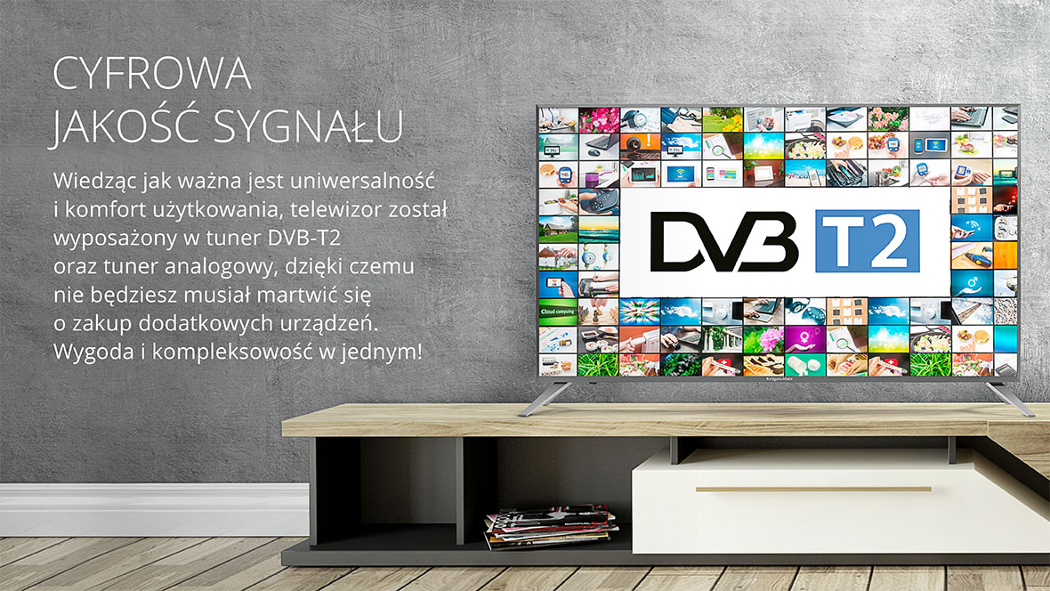 Wiedząc jak ważna jest uniwersalność i komfort użytkowania, telewizor został wyposażony w tuner DVB-T2 oraz tuner analogowy, dzięki czemu nie będziesz musiał martwić się o zakup dodatkowych urządzeń. Wygoda i kompleksowość w jednym!