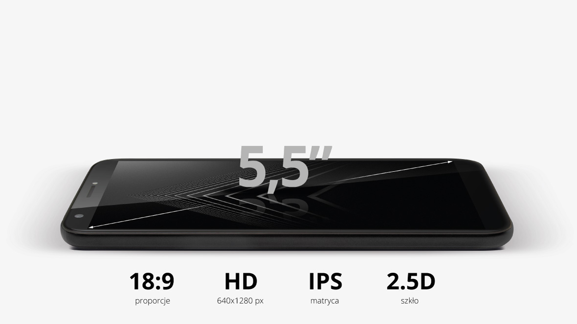 Kruger&Matz MOVE 8 został wyposażony w 5,5-calowy ekran HD z zaokrąglonym szkłem 2.5D. Jednak prawdziwą nowością, jaką zastosowano w tym modelu, są proporcje 18:9. Oznacza to, że na wyświetlaczu zmieści się więcej treści wertykalnych, co poprawia komfort przeglądania stron internetowych.