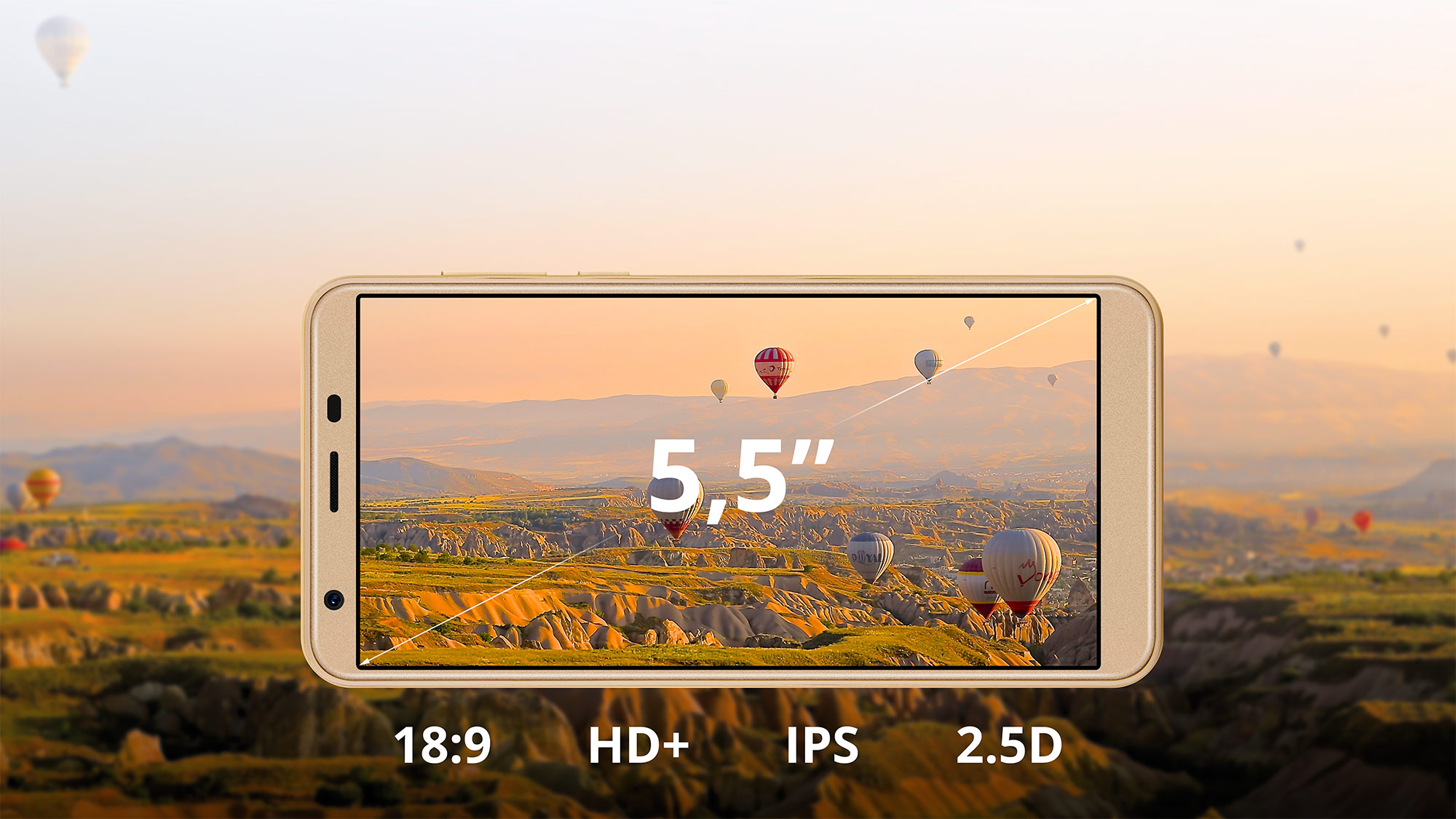 Kruger&Matz FLOW 6 został wyposażony w 5,5-calowy ekran HD+ z zaokrąglonym szkłem 2.5D. Jest to również model stworzony w proporcjach 18:9. Oznacza to, że na wyświetlaczu zmieści się więcej treści wertykalnych, co poprawia komfort przeglądania stron internetowych. 