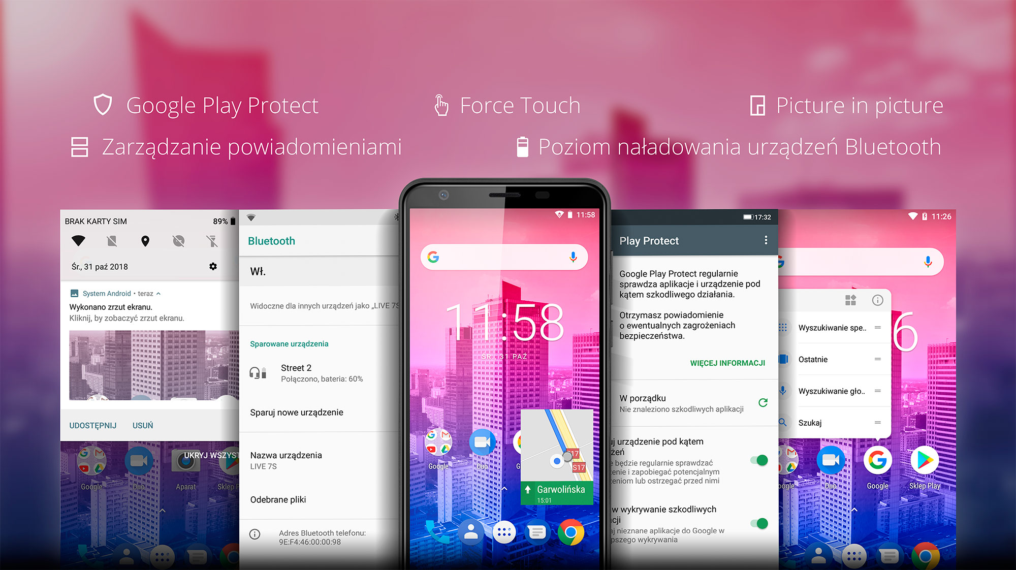 Google Play Protect | Force Touch | Picture in picture | Zarządzanie powiadomieniami | Poziom naładowania urządzeń Bluetooth 