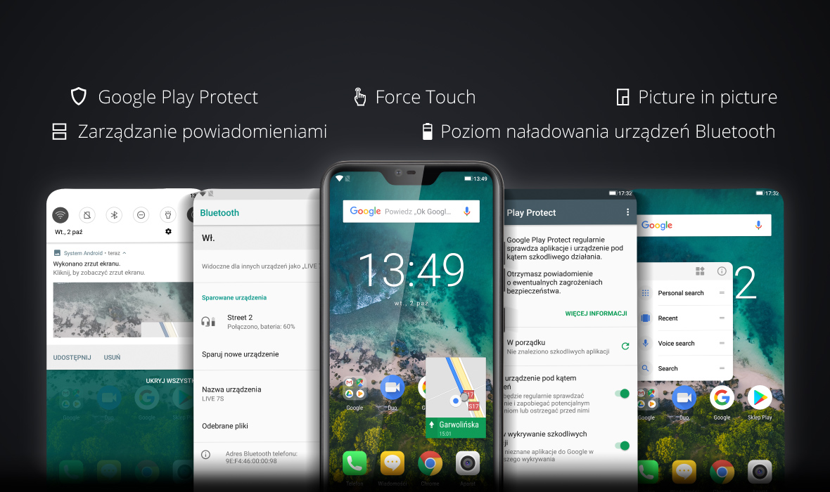 Google Play Protect  |  Force Touch  |  Picture in picture  |  Zarządzanie powiadomieniami  |  Poziom naładowania urządzeń Bluetooth 