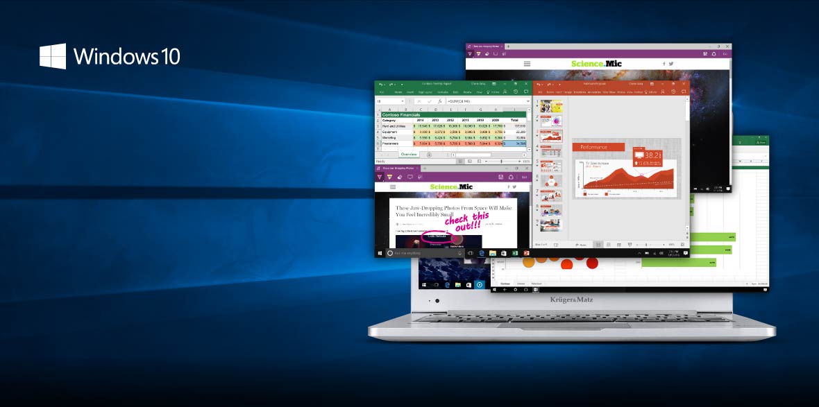 System Windows 10 wygląda znajomo i jest łatwy w użyciu. Wróciło ulepszone menu Start, więc zyskujesz szybki dostęp do ulubionych funkcji i potrzebnych aplikacji. W systemie Windows 10 poczujesz się jak w domu.