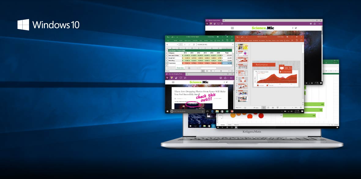 System Windows 10 wygląda znajomo i jest łatwy w użyciu. Wróciło ulepszone menu Start, więc zyskujesz szybki dostęp do ulubionych funkcji i potrzebnych aplikacji. W systemie Windows 10 poczujesz się jak w domu.