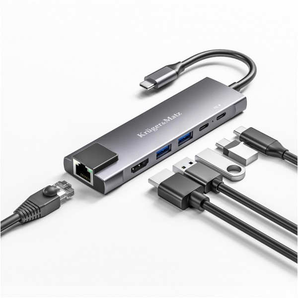 Adapter (HUB) USB typu C na HDMI/2x USB3.0/2x USB typu C/RJ45