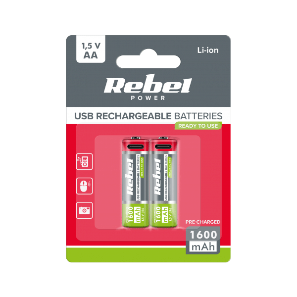 Akumulatorki REBEL AA, 1600 mAh, Li-ion,1,5V, 2szt/bl , R6 , gniazdo typ C