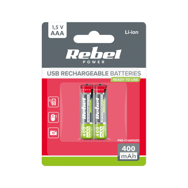 Akumulatorki REBEL AAA,400 mAh, Li-ion, 1,5V, 2szt/bl, R3, gniazdo typ C