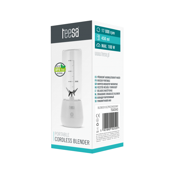 Blender bezprzewodowy, szklany kubek, 450ml, 100W , 6 noży