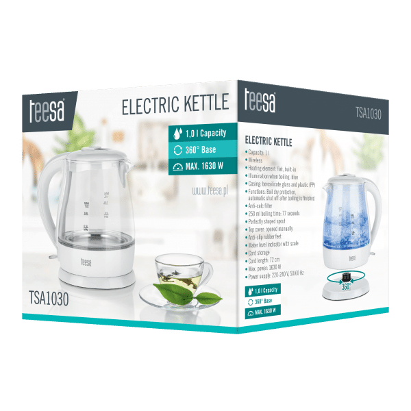 Czajnik elektryczny TEESA, szklany, 1630 W, biały, 1 L
