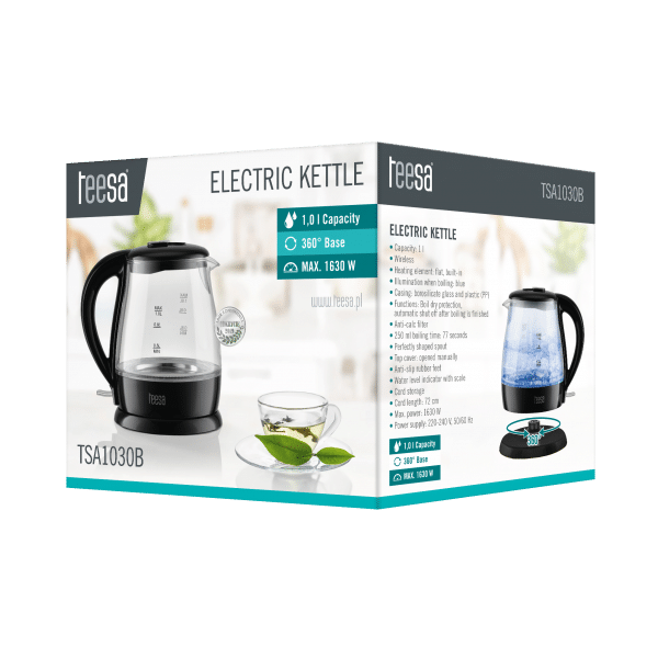Czajnik elektryczny TEESA, szklany, 1630 W, czarny, 1 L
