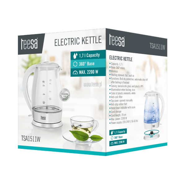 Czajnik elektryczny TEESA, szklany, 2200 W, biały, 1,7 L