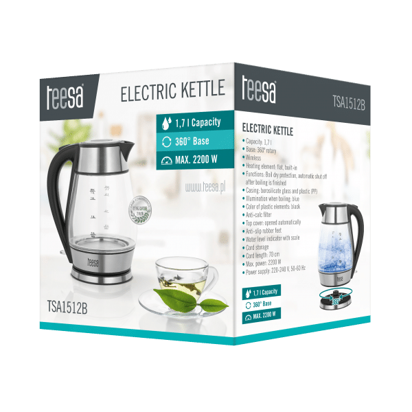 Czajnik elektryczny TEESA, szklany + inox, 2200 W, czarny, 1,7 L