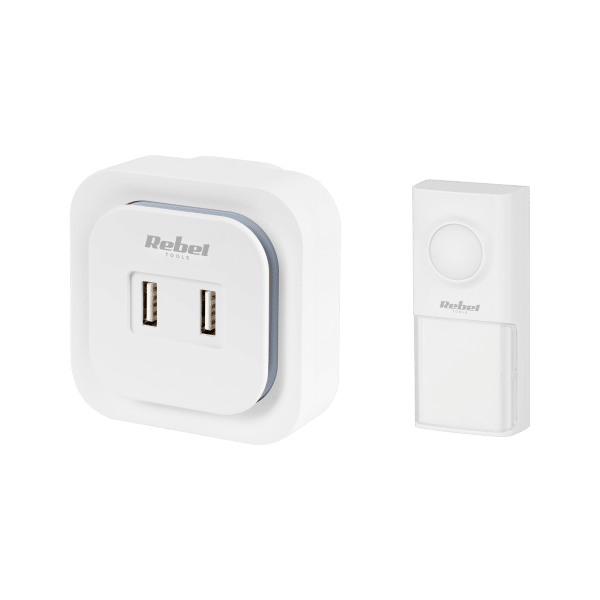 Dzwonek bezprzewodowy do drzwi Rebel z wtyczką 230V (36 melodii, 2 gniazda USB)
