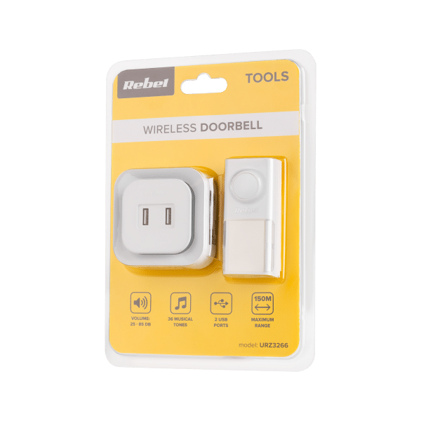Dzwonek bezprzewodowy do drzwi Rebel z wtyczką 230V (36 melodii, 2 gniazda USB)