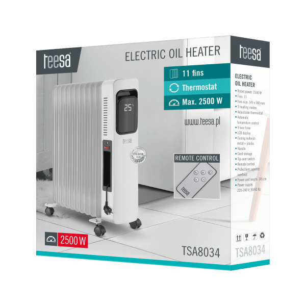 Grzejnik olejowy 2500W (11 zeberek) z wyświetlaczem LCD, sterowany pilotem