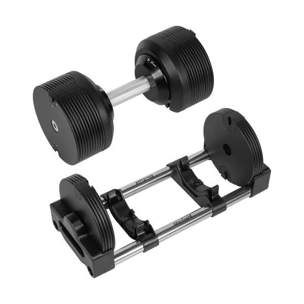 Hantel żeliwny regulowany automat 36 kg, skok co 1kg, REBEL ACTIVE