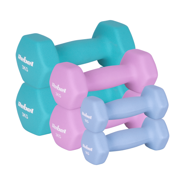 Hantelki żeliwne neoprenowe HEX zestaw 12kg (2x1kg+2x2kg+2x3kg), REBEL ACTIVE