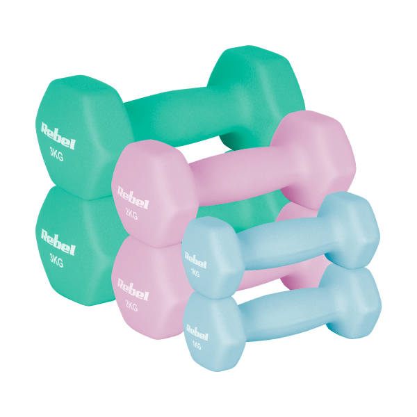 Hantelki żeliwne neoprenowe HEX zestaw 12kg (2x1kg+2x2kg+2x3kg), REBEL ACTIVE