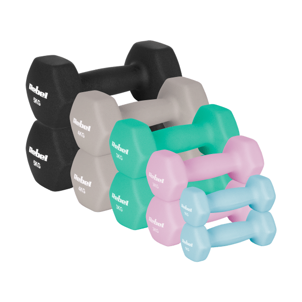 Hantelki żeliwne neoprenowe HEX zestaw 30kg (2x1kg+2x2kg+2x3kg+2x4kg+2x5kg), REBEL ACTIVE