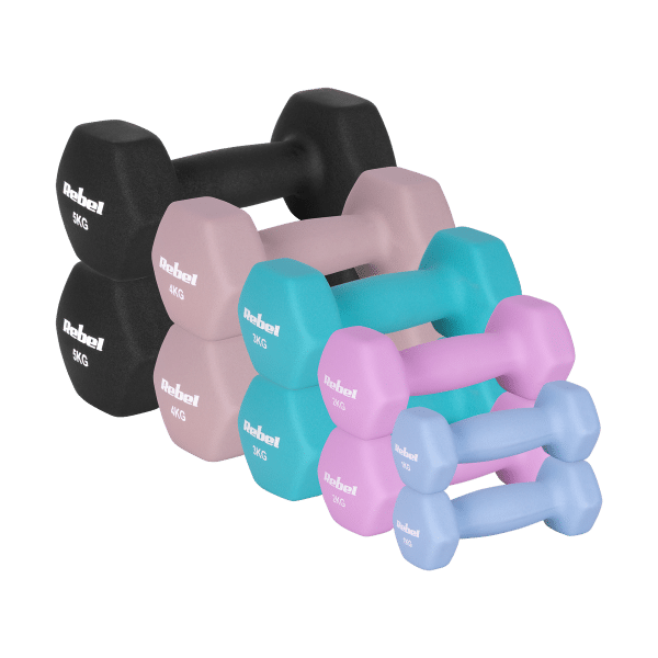 Hantelki żeliwne neoprenowe HEX zestaw 30kg (2x1kg+2x2kg+2x3kg+2x4kg+2x5kg), REBEL ACTIVE