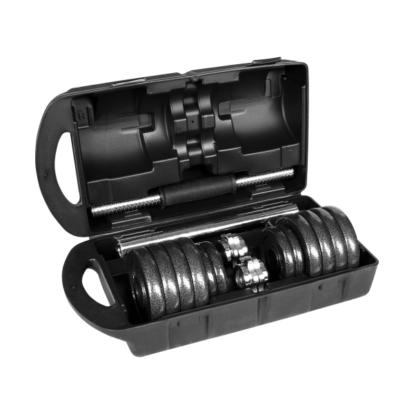 Hantle żeliwne regulowane w walizce z gryfem, zestaw 15kg REBEL ACTIVE
