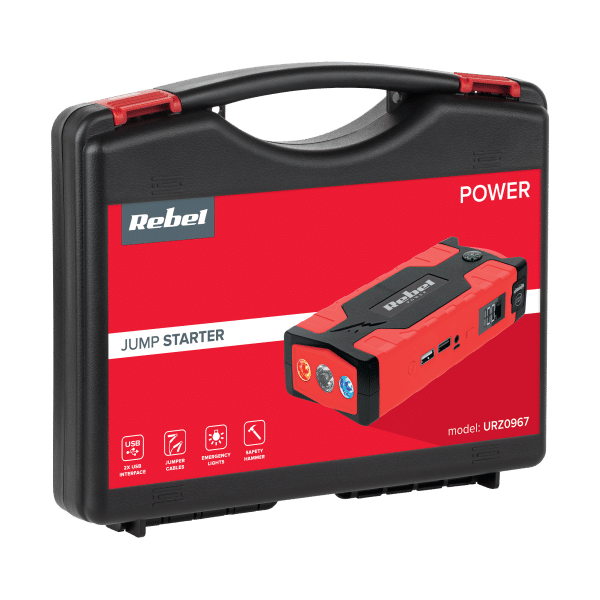 Jump starter - power bank z przewodami rozruchowymi i kompresorem