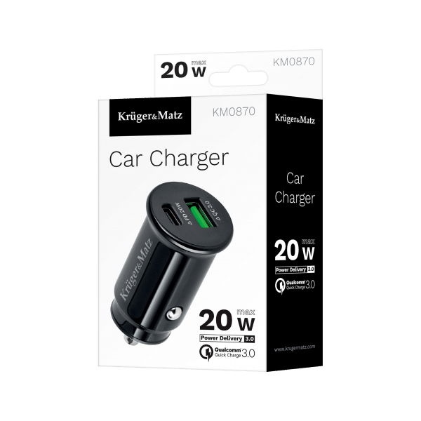 Ładowarka samochodowa Kruger&Matz dual USB 3100 mA z funkcją Quick Charge 3.0 i Power Delivery