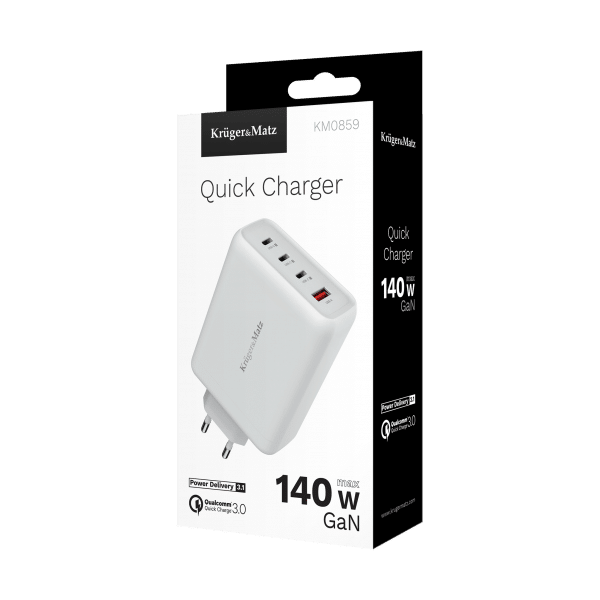 Ładowarka sieciowa Kruger&Matz 140 W GaN z funkcją Quick Charge i Power Delivery