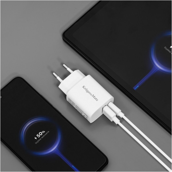 Ładowarka sieciowa Kruger&Matz GaN dual USB z funkcją Power Delivery i Quick Charge