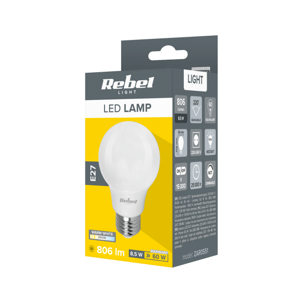 Lampa LED Rebel A60 8,5W. 3000K, 230V