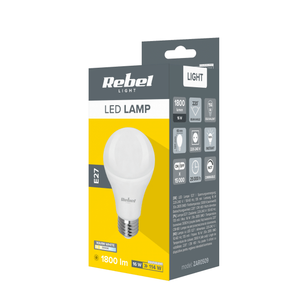 Lampa LED Rebel A65 16W, E27, 3000K, 230V