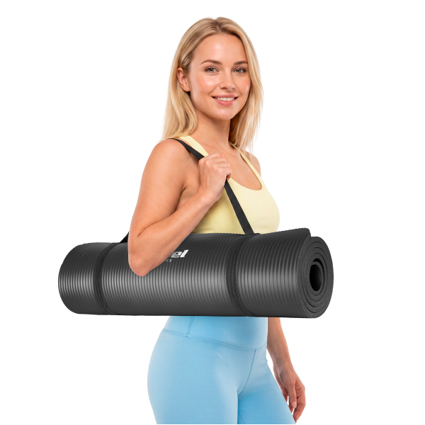 Mata gimnastyczna do ćwiczeń joga, pilates, fitness, 183x61cm, grubość 1.5cm, materiał NBR, czarna, REBEL ACTIVE