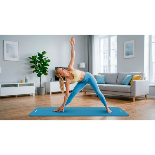 Mata gimnastyczna do ćwiczeń joga, pilates, fitness, 183x61cm, grubość 1.5cm, materiał NBR, niebieska, REBEL ACTIVE