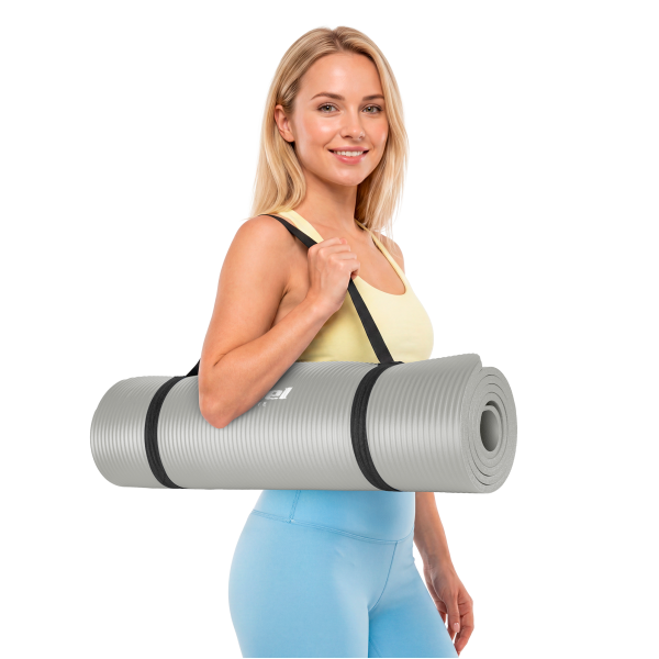 Mata gimnastyczna do ćwiczeń joga, pilates, fitness, 183x61cm, grubość 1.5cm, materiał NBR, szara, REBEL ACTIVE