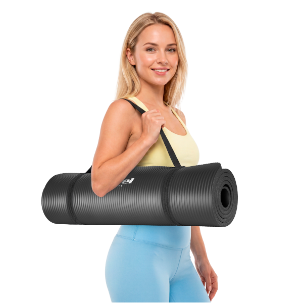 Mata gimnastyczna do ćwiczeń joga, pilates, fitness, 183x61cm, grubość 1 cm, materiał NBR, czarna, REBEL ACTIVE
