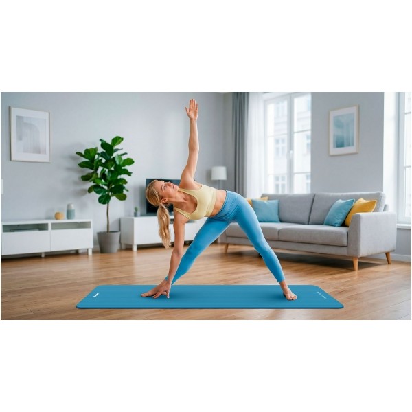 Mata gimnastyczna do ćwiczeń joga, pilates, fitness, 183x61cm, grubość 1cm, materiał NBR, niebieska, REBEL ACTIVE